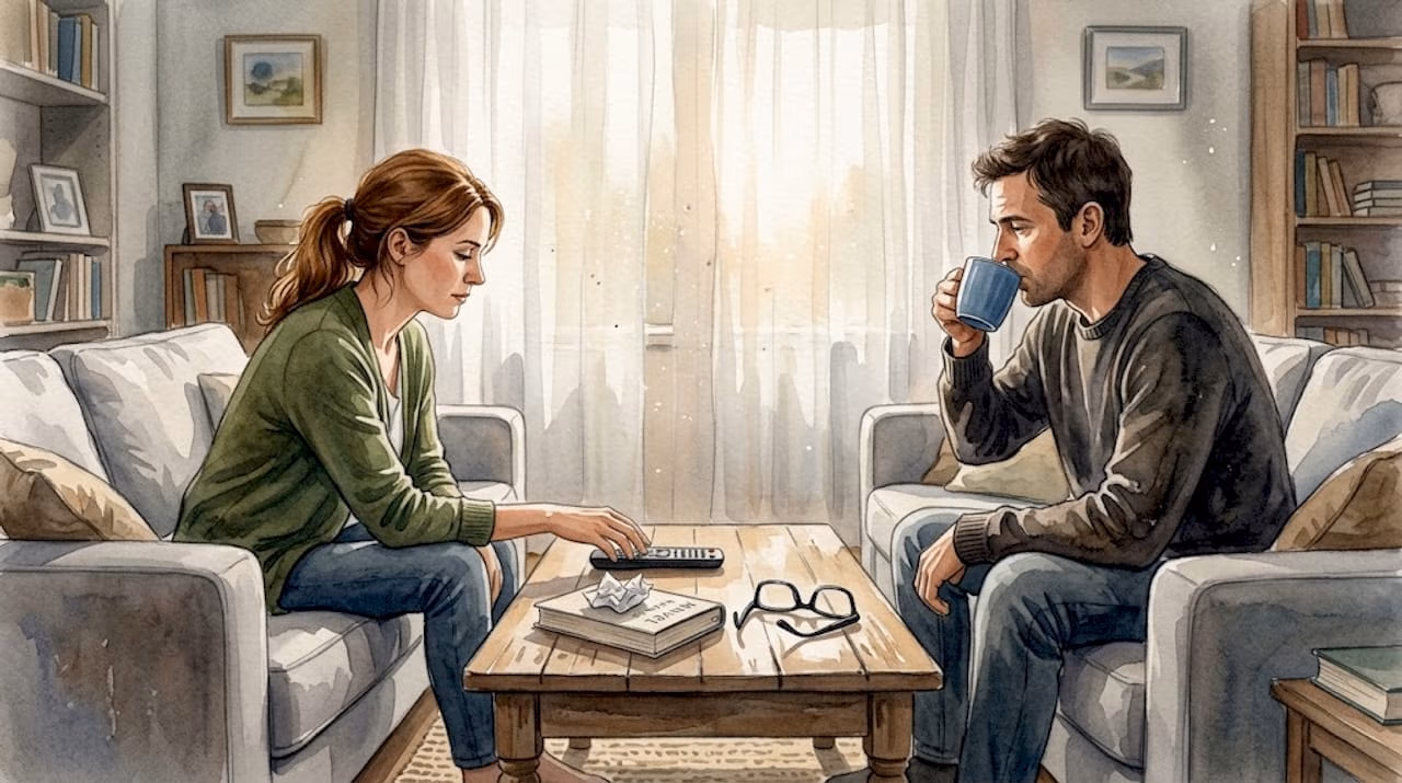 Pareja conversando seriamente en el salón