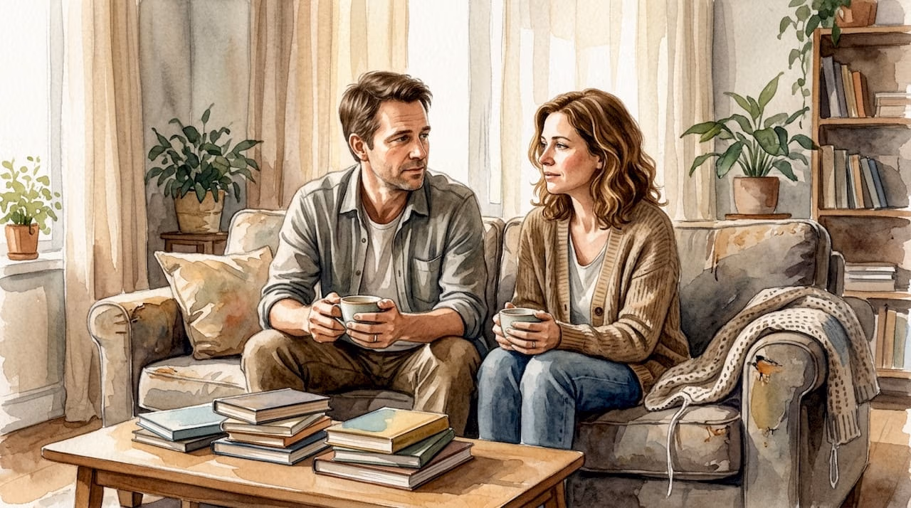 Ehepaar im Wohnzimmer nach einem Seitensprung