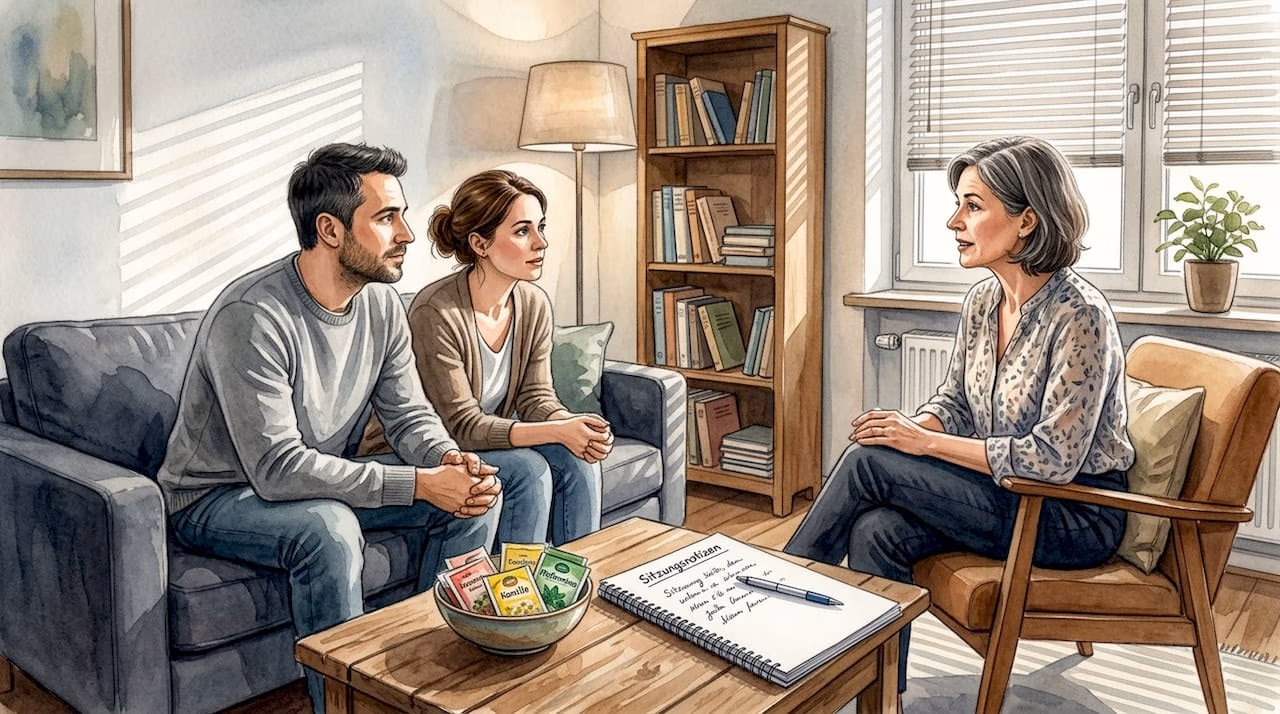 Eine Therapeutin führt ein Gespräch mit einem Paar in ihrem Behandlungsraum.