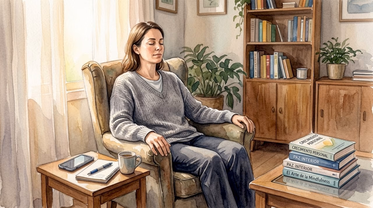 Mujer meditando y practicando atención plena en la comodidad de su salón