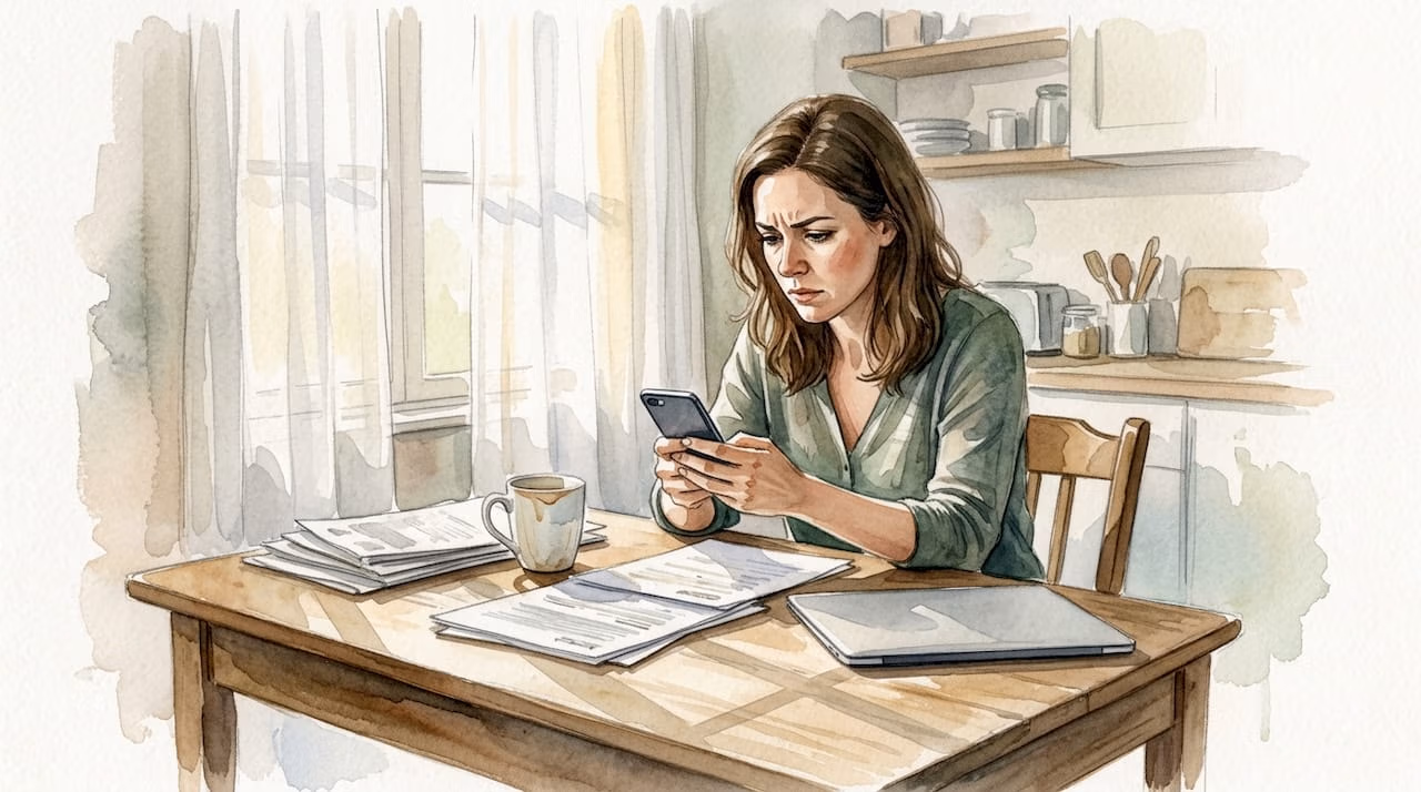 Concerned woman reading message at kitchen table