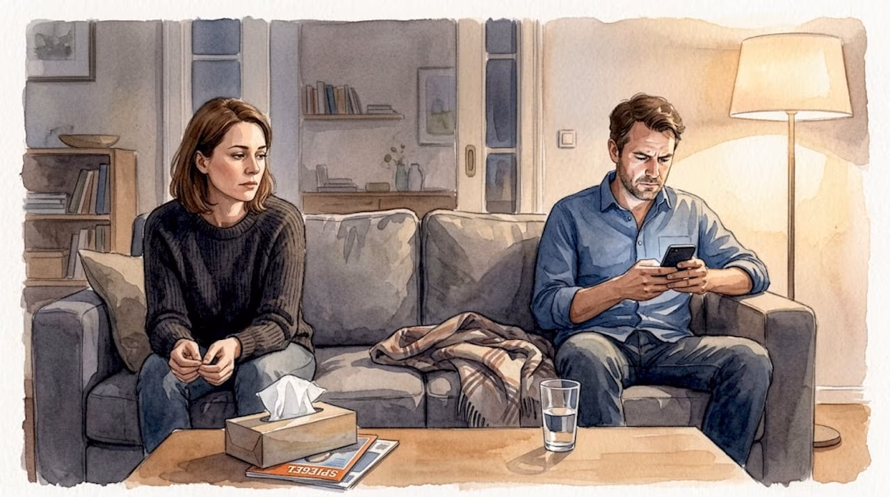 Ein Paar sitzt im Wohnzimmer auf dem Sofa, doch zwischen ihnen herrscht spürbare Distanz.