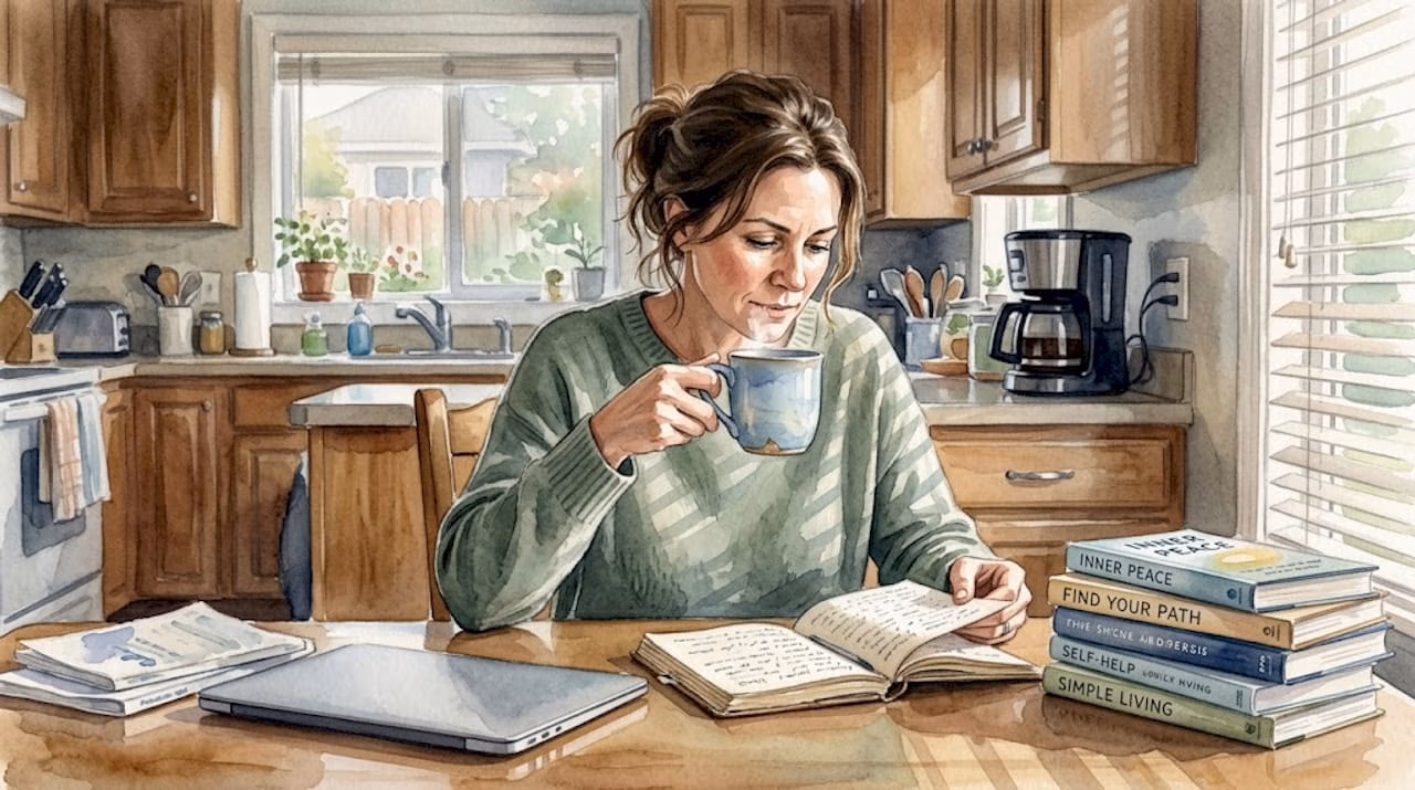 Woman reflecting at kitchen table with journal