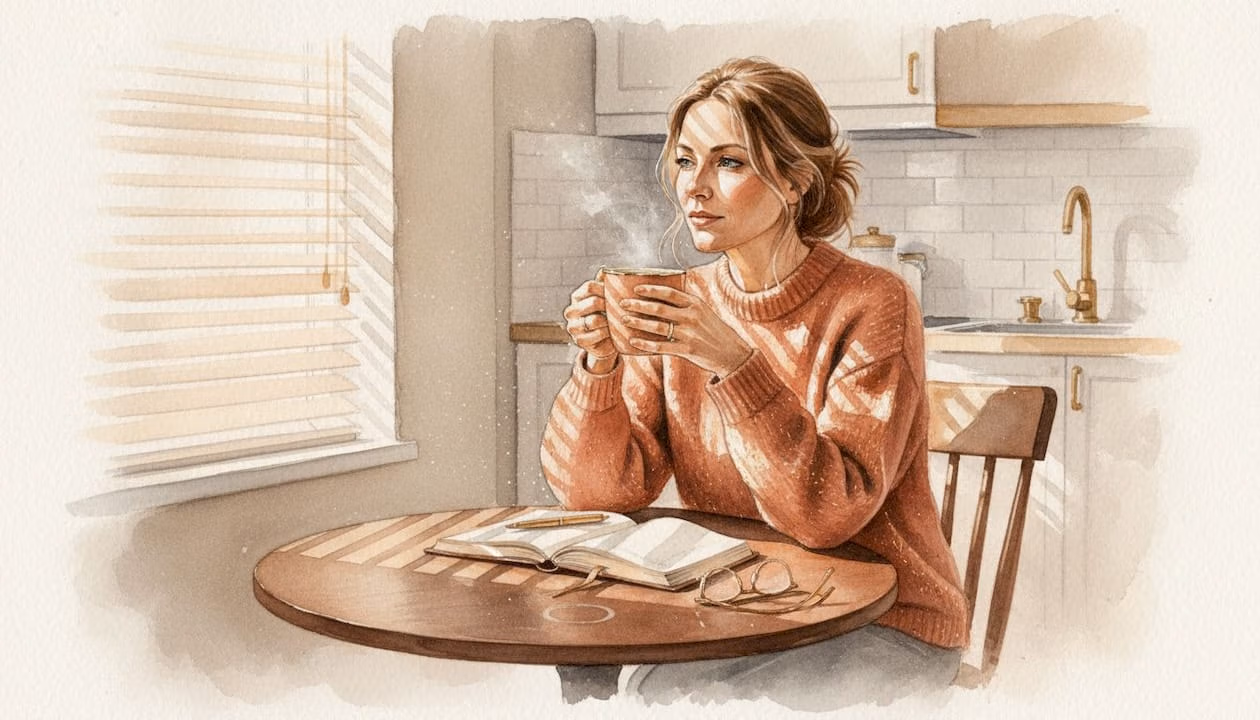 Woman considering journal at kitchen table
