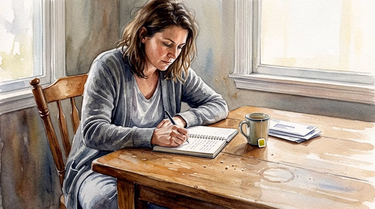 Woman journaling at kitchen table in morning