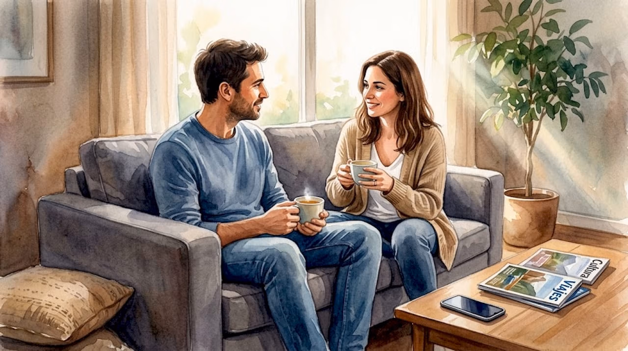 Una pareja conversa tranquilamente en el salón mientras disfruta de una taza de té.