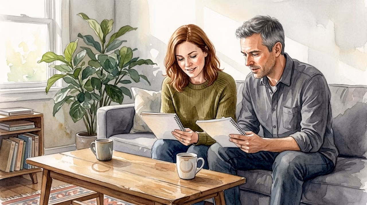Couple quietly reflecting on trust at home