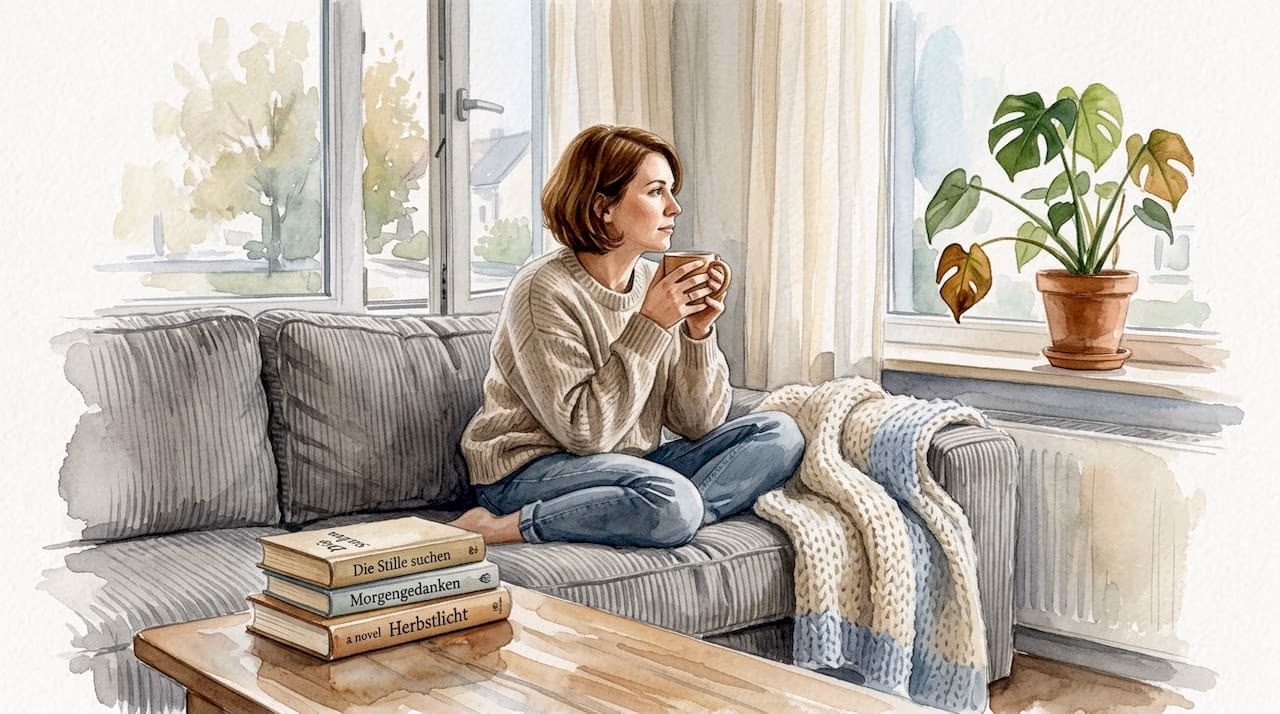 Eine Frau sitzt mit einer Tasse Tee auf dem Sofa im Wohnzimmer und scheint in Gedanken versunken.