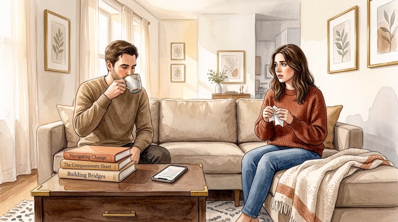 Couple having serious conversation in living room