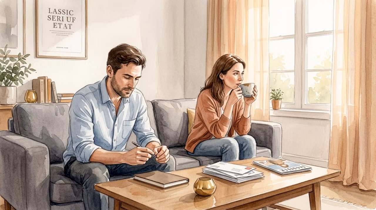 Ein Paar sitzt nachdenklich auf dem Sofa im Wohnzimmer und lässt gemeinsam die Gedanken schweifen.
