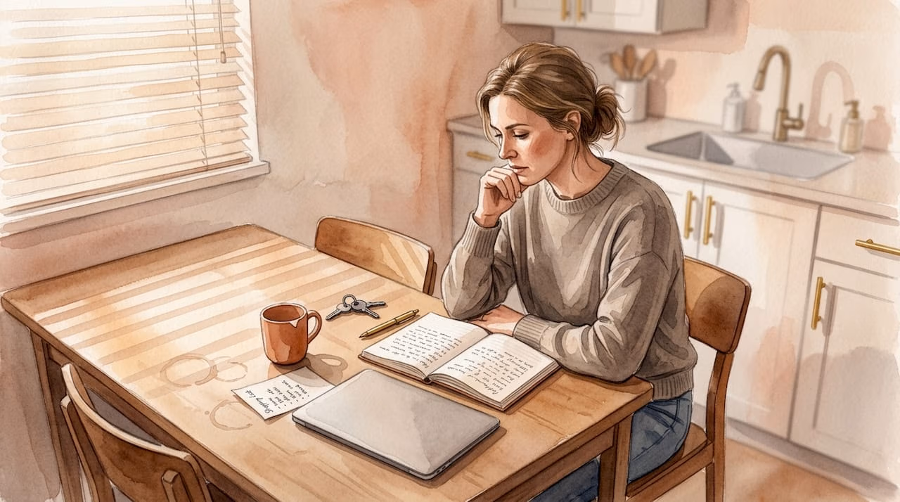 Woman reflecting alone at kitchen table