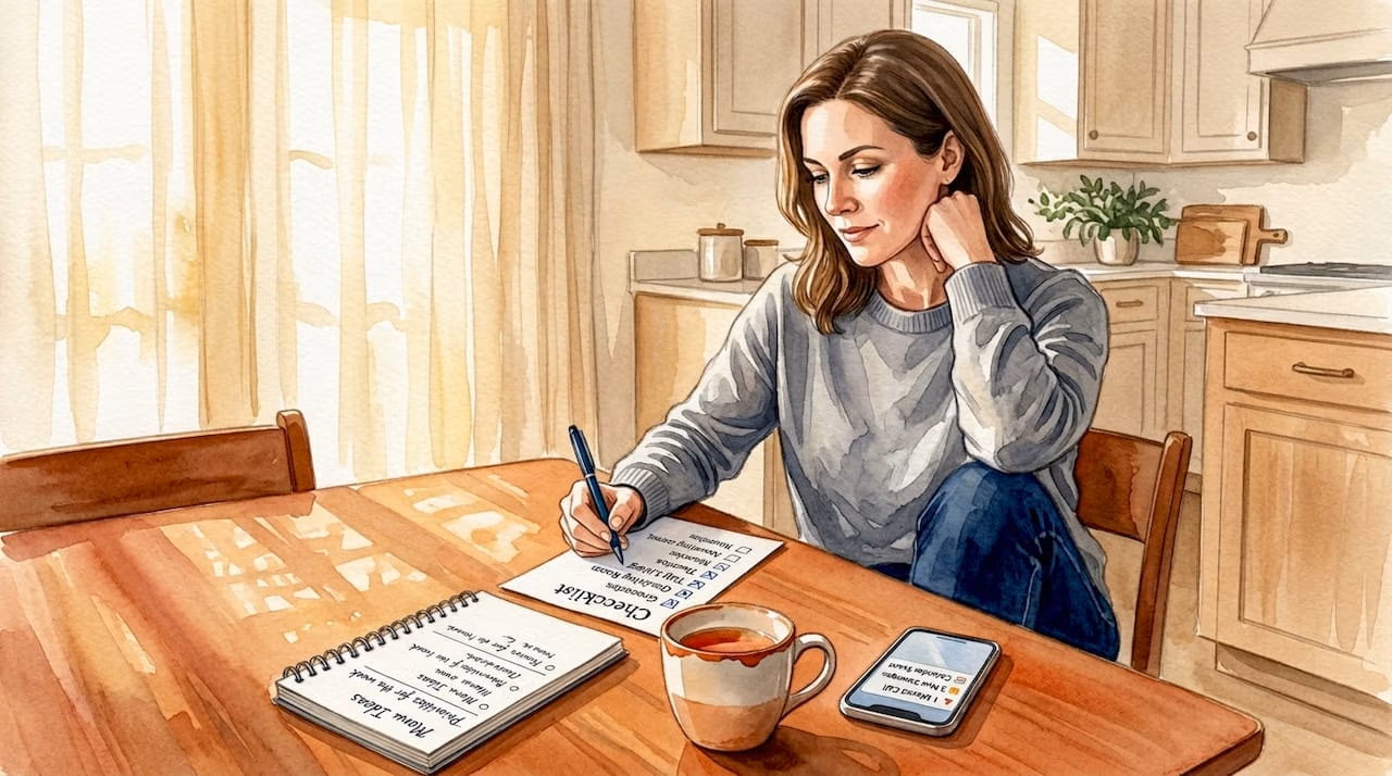 Woman marking recovery steps checklist at kitchen table
