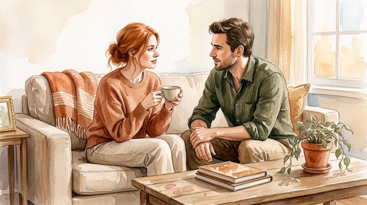 Una pareja mantiene una conversación seria en el salón de casa.