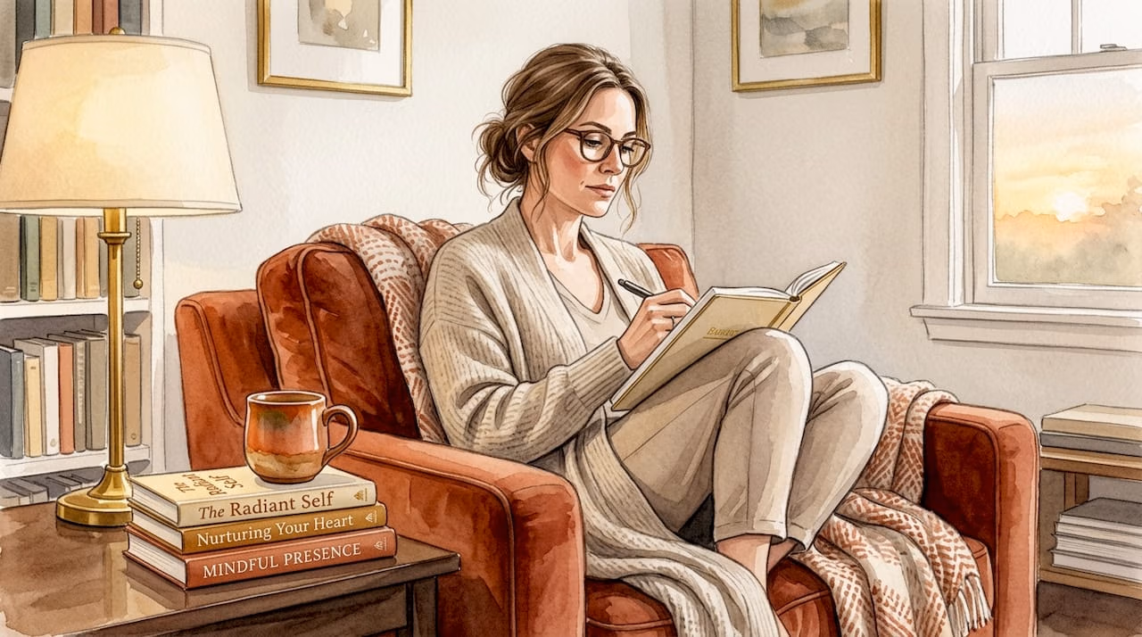 Woman journaling quietly in cozy living room