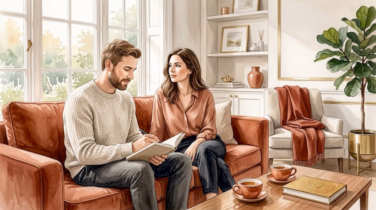 Una pareja conversa tranquilamente en un salón lleno de luz natural.