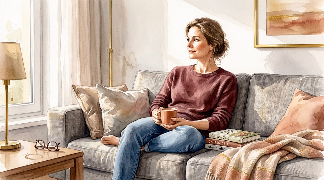 Eine Frau sitzt alleine auf dem Sofa im Wohnzimmer und wirkt nachdenklich.