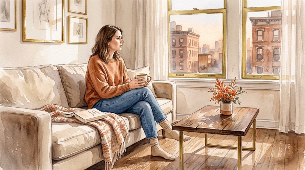 Woman reflecting quietly in sunlit living room