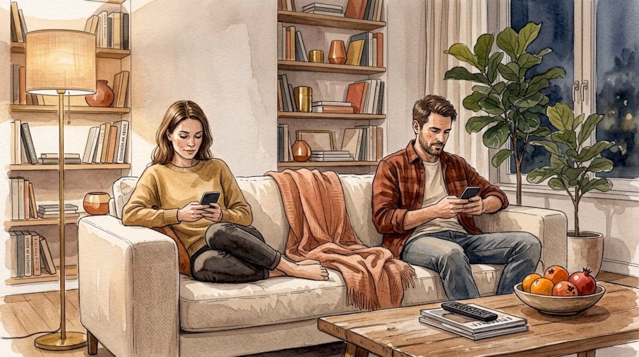 Ein Pärchen sitzt gemeinsam auf dem Sofa, jeder vertieft in sein Smartphone.