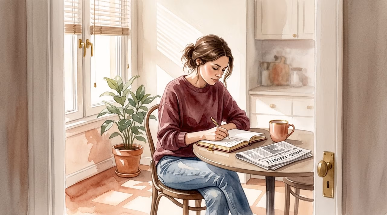 Woman journaling in peaceful kitchen after betrayal