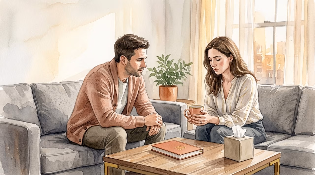 Couple talking quietly on living room sofa