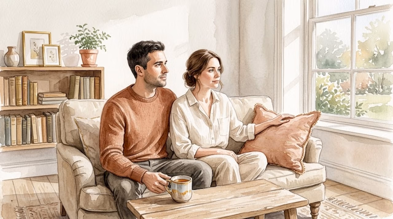 Una pareja pensativa comparte un momento en un salón lleno de luz natural.