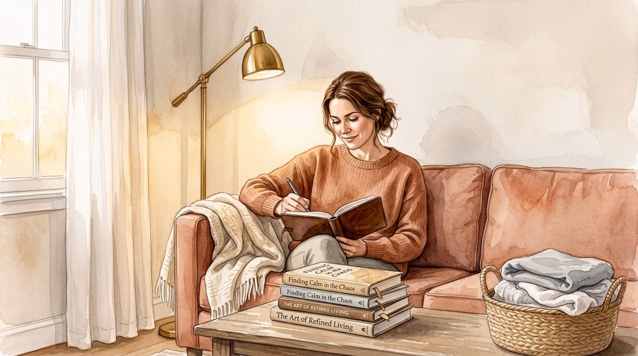 Woman journaling in cozy living room