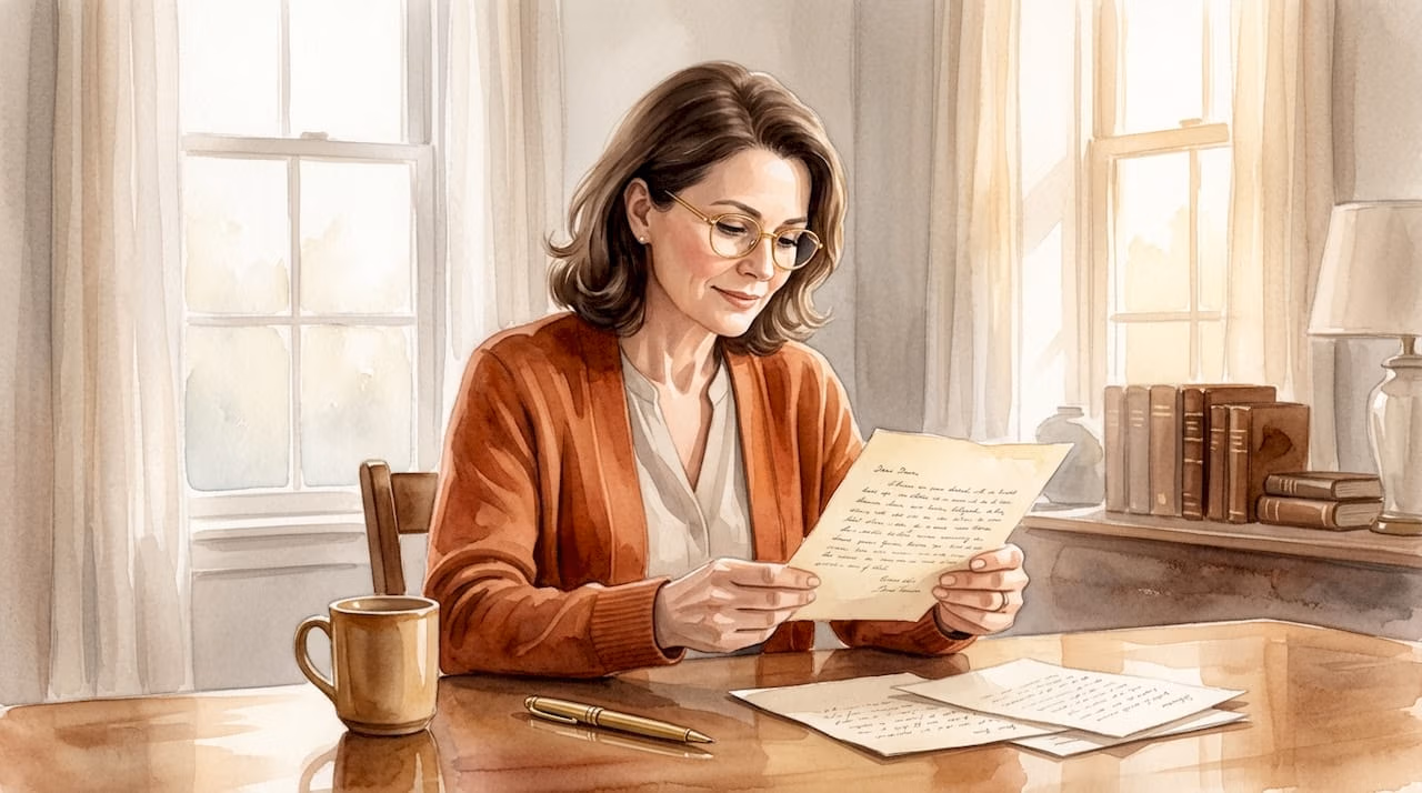 Woman reading letter at dining table