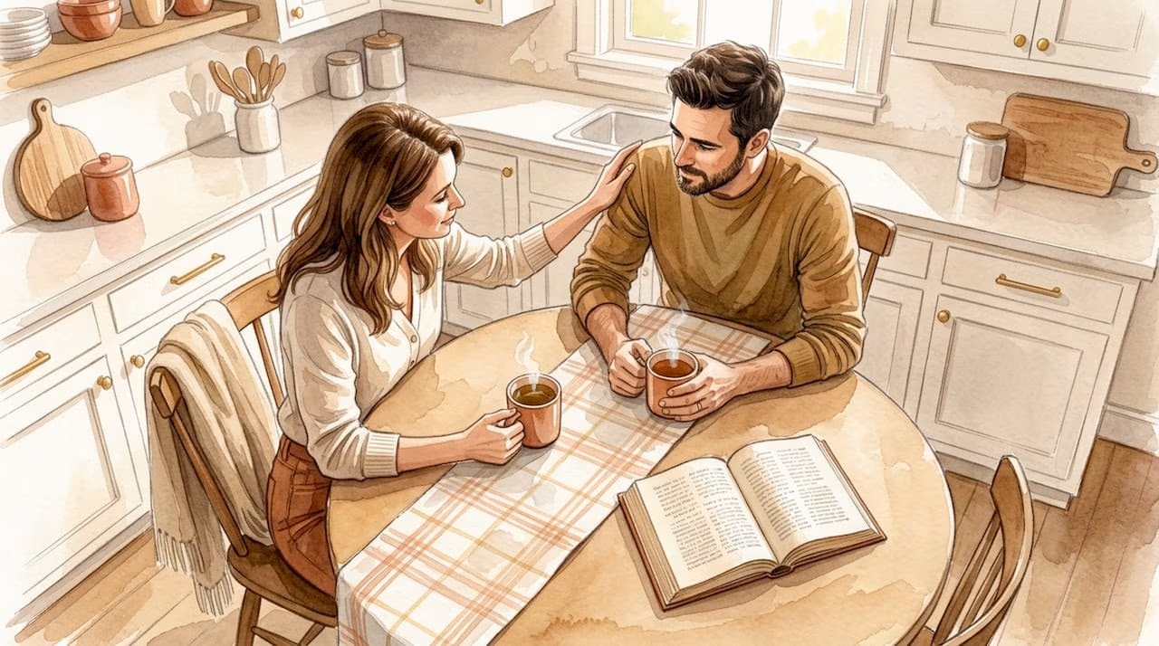 Couple sharing honest conversation at table