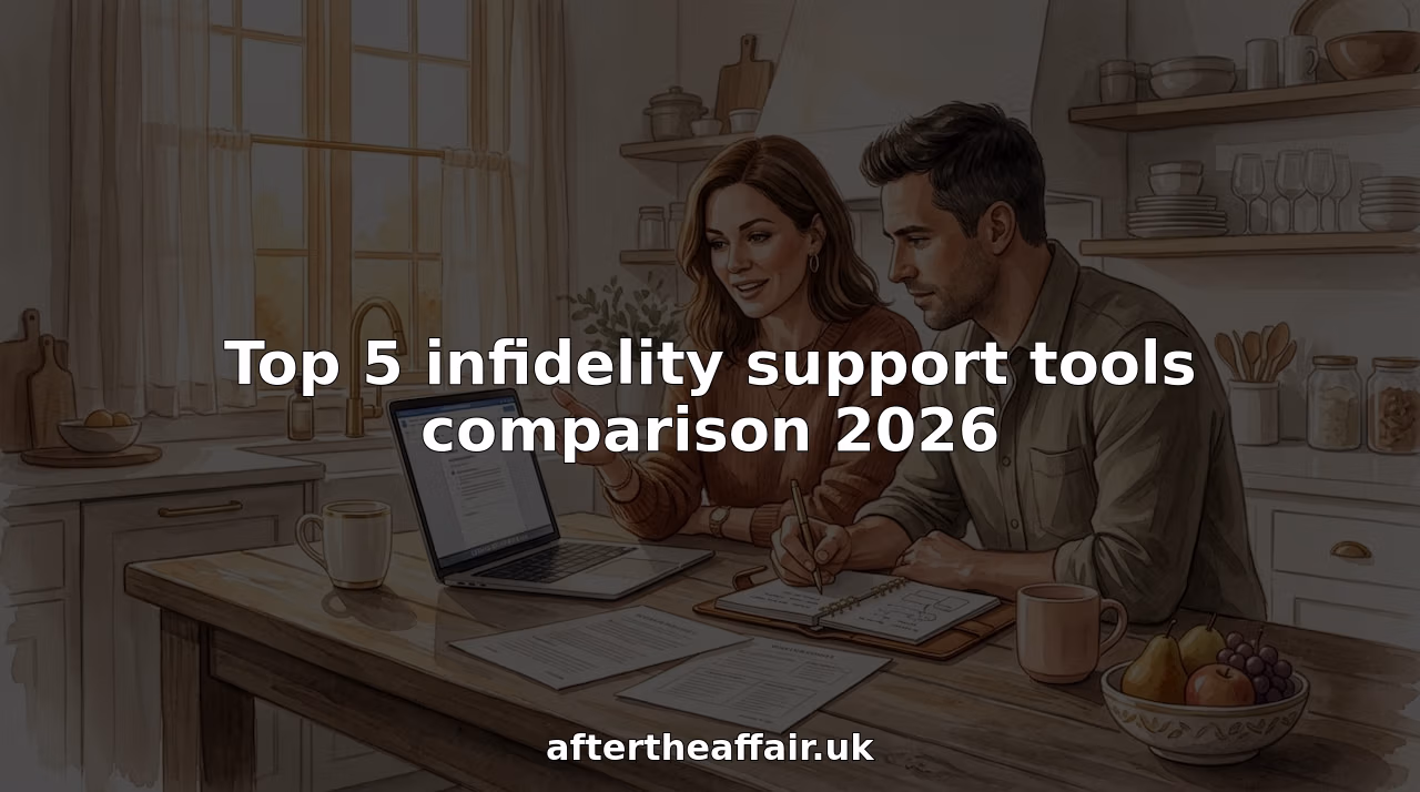 Couple comparing infidelity support tools at kitchen table