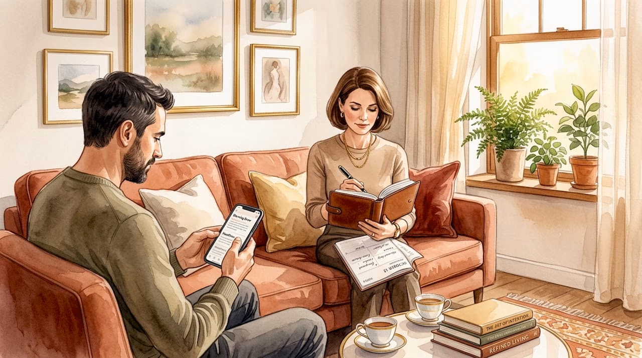 Couple sitting quietly in living room