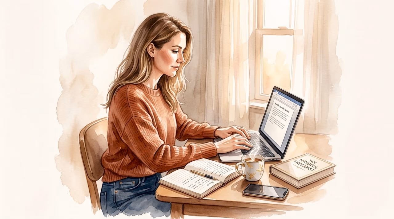 Woman journaling and working in sunny living room