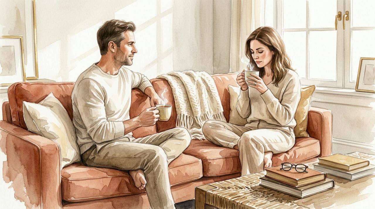 Couple talking quietly in sunlit living room