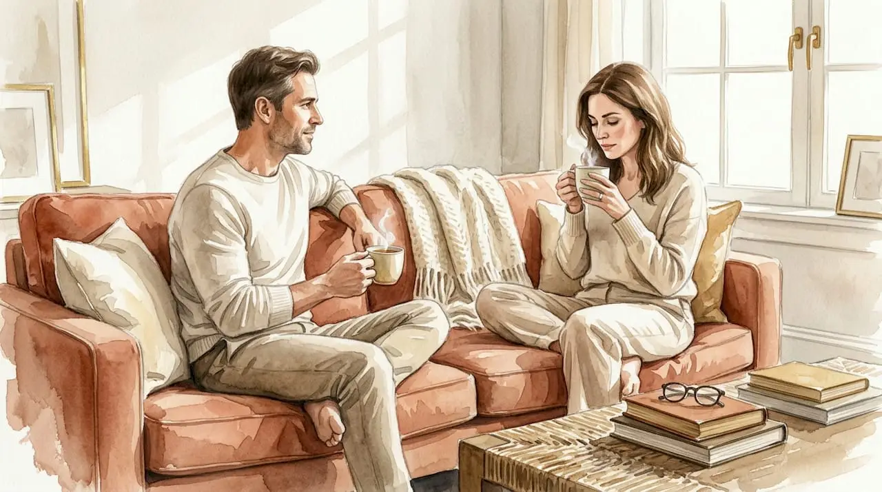 Couple talking quietly in sunlit living room