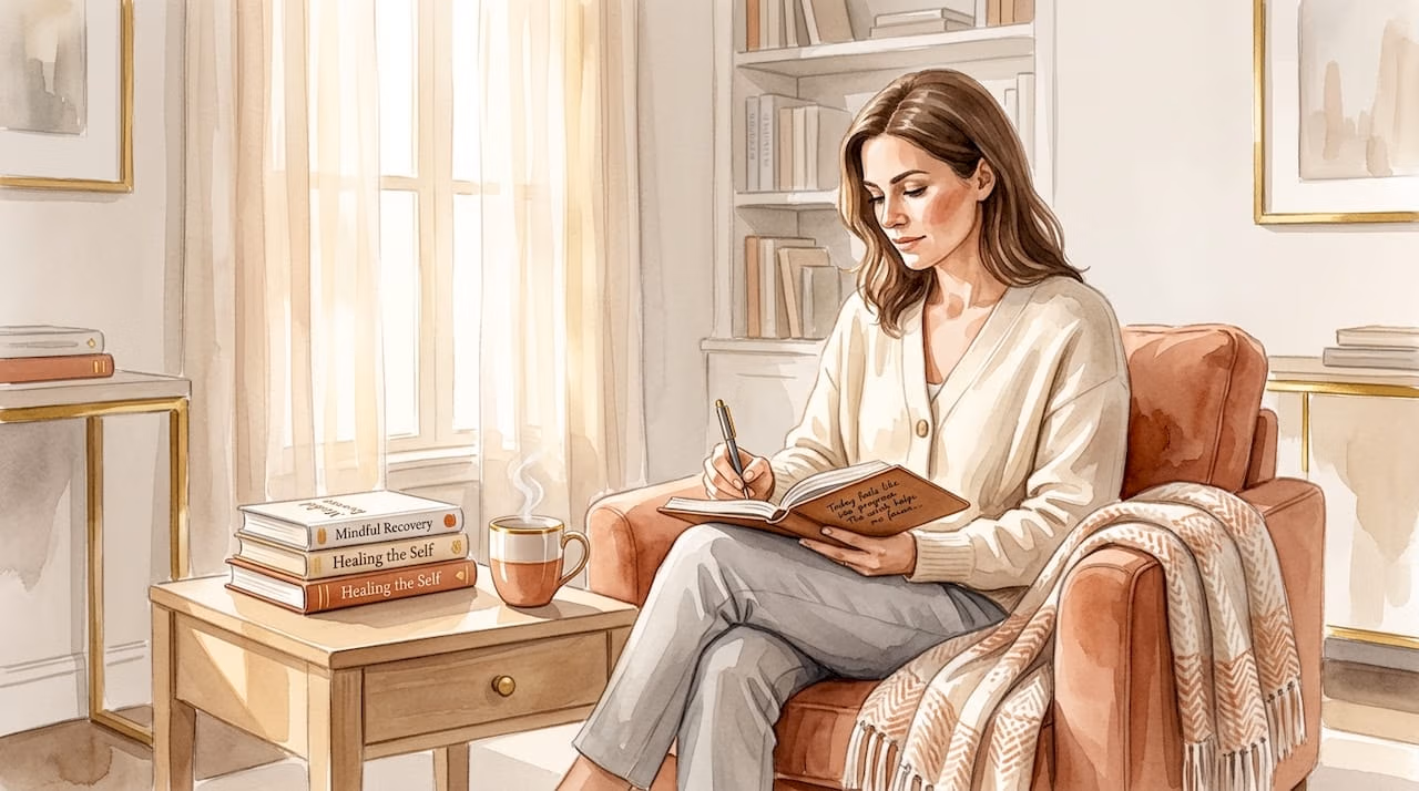 Woman journaling in bright living room