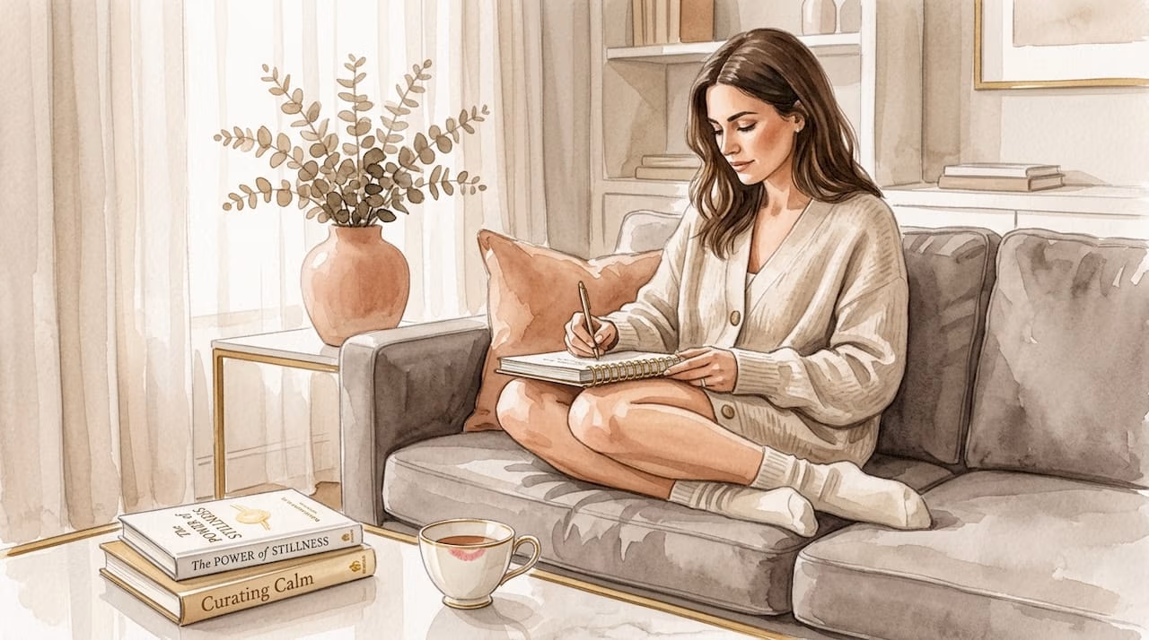 Woman journaling in sunlit living room