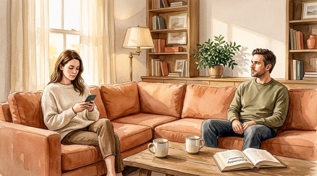 Couple sitting apart in living room showing tension