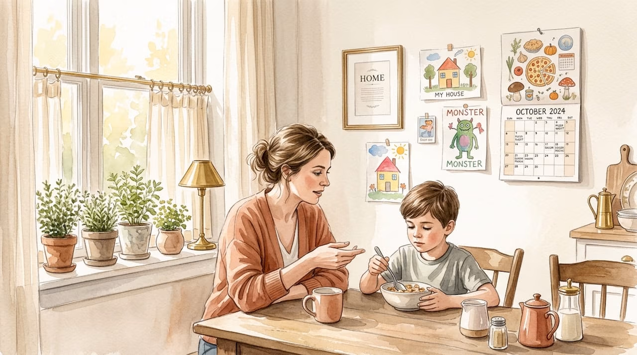 Mother and child talking quietly in kitchen