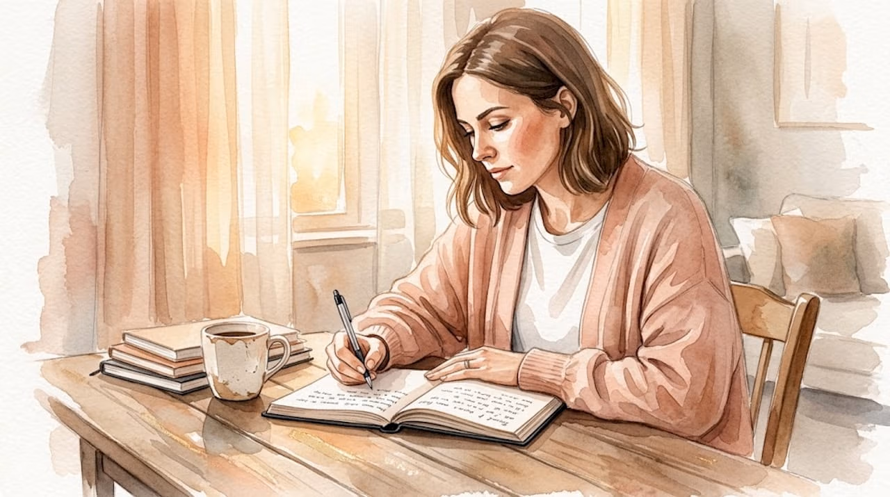 Woman journaling quietly at sunny kitchen table