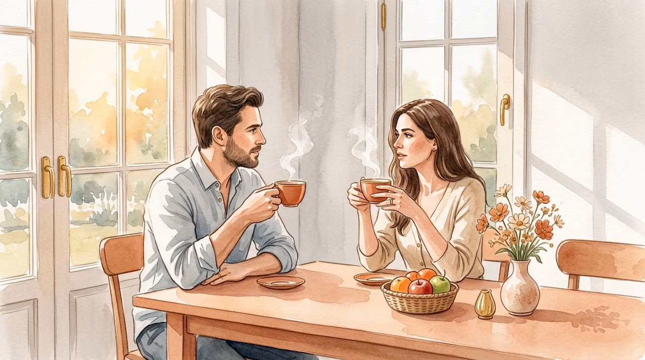 Couple communicating post-affair in cozy living room