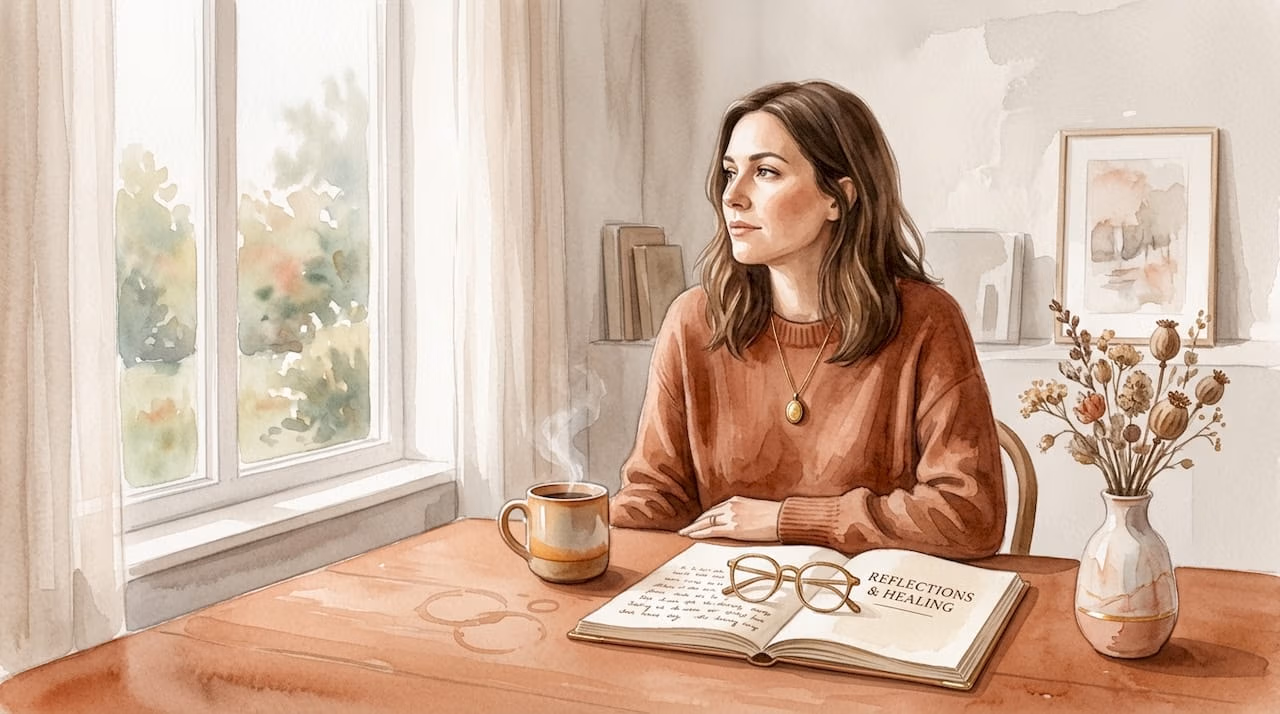 Woman reflecting on healing process at kitchen table