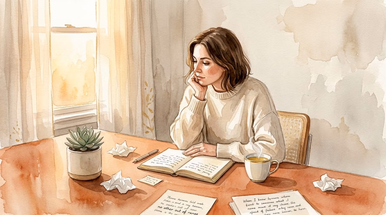 Woman thinking at kitchen table morning light
