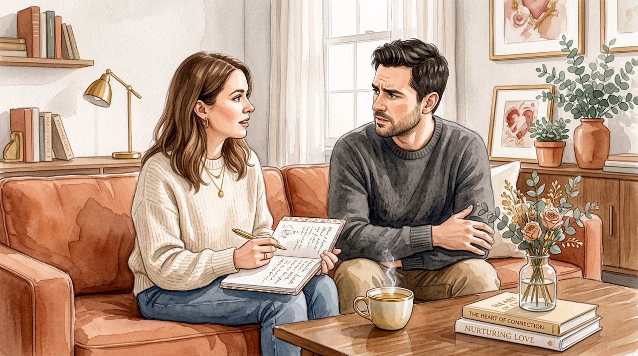 Couple having serious talk on couch