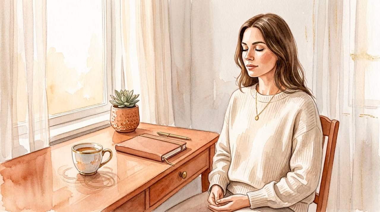 Person practicing breathing exercise in home office