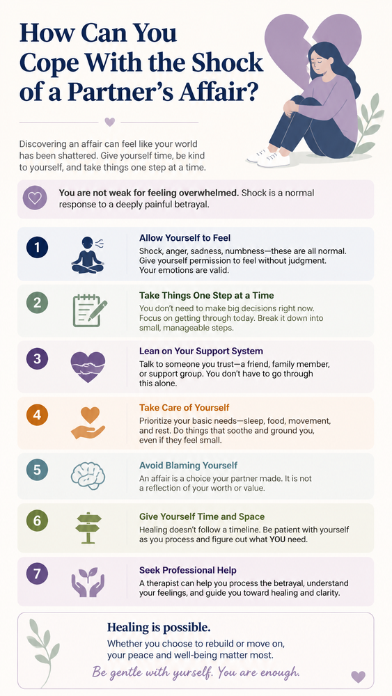 A person reading a guide about steps to take after discovering their partner had an affair. This resource offers essential coping strategies for the initial shock and healing process.