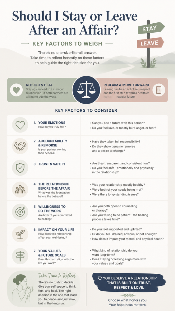Should I Leave After an Affair? Framework for Deciding 1 A guide exploring the decision factors after an affair, helping you weigh your partner's accountability and your own values. This resource supports thoughtful reflection when considering leaving after an affair.