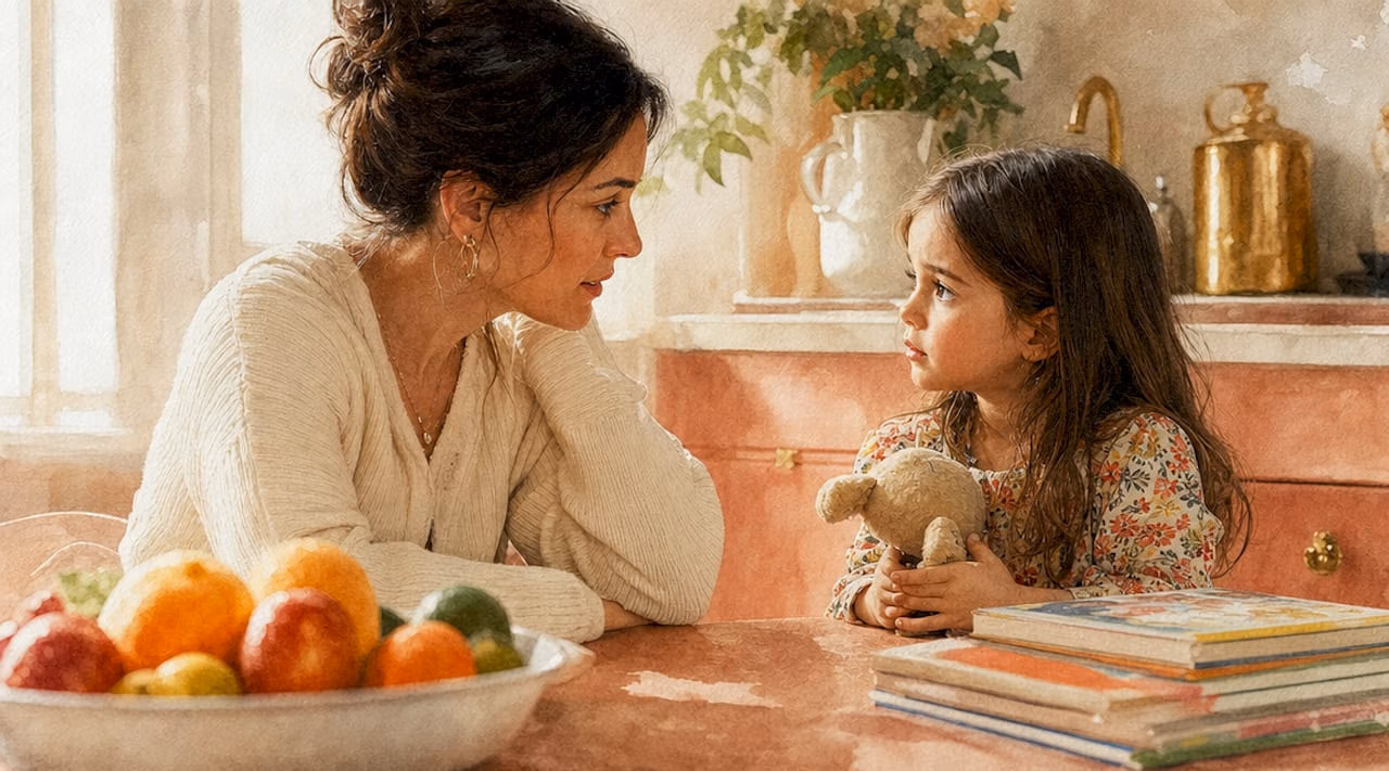 Mother gently explaining separation to daughter