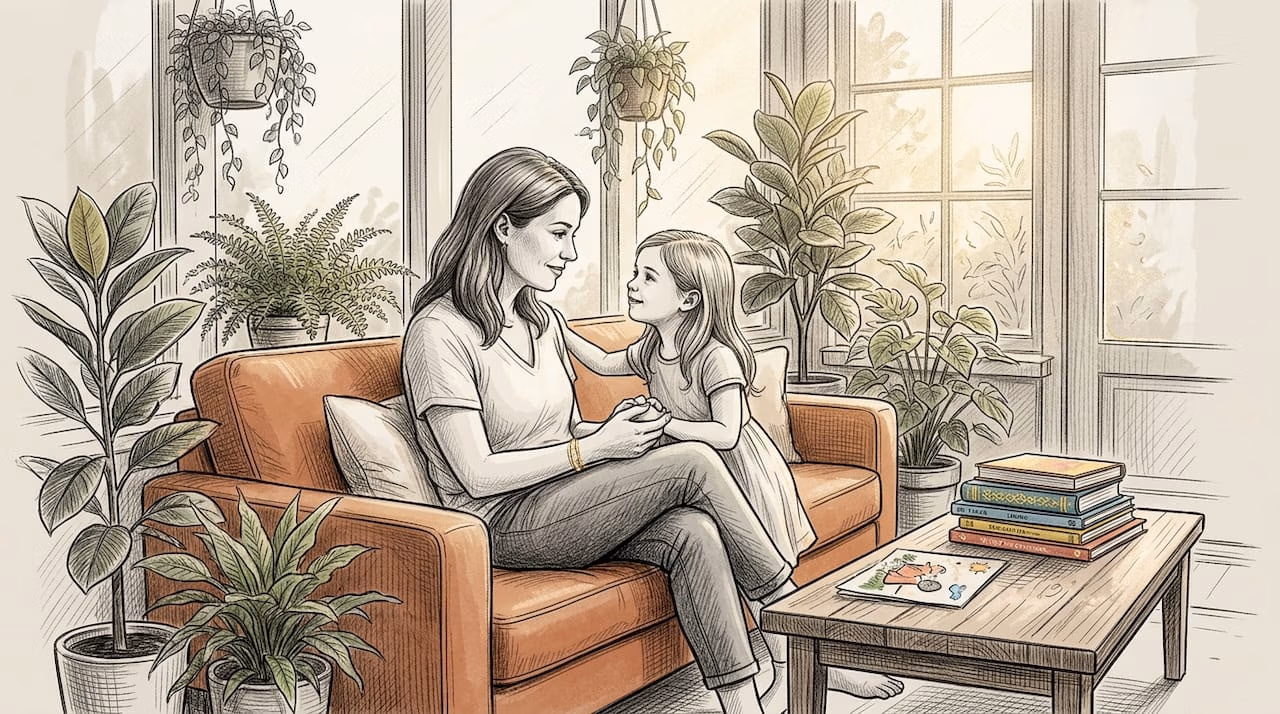 Mother comforting child during talk