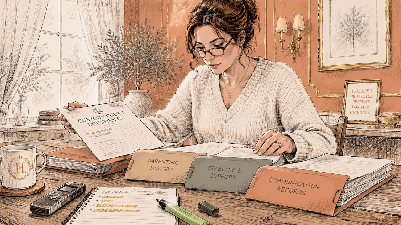 Woman organizing custody court documents in home office