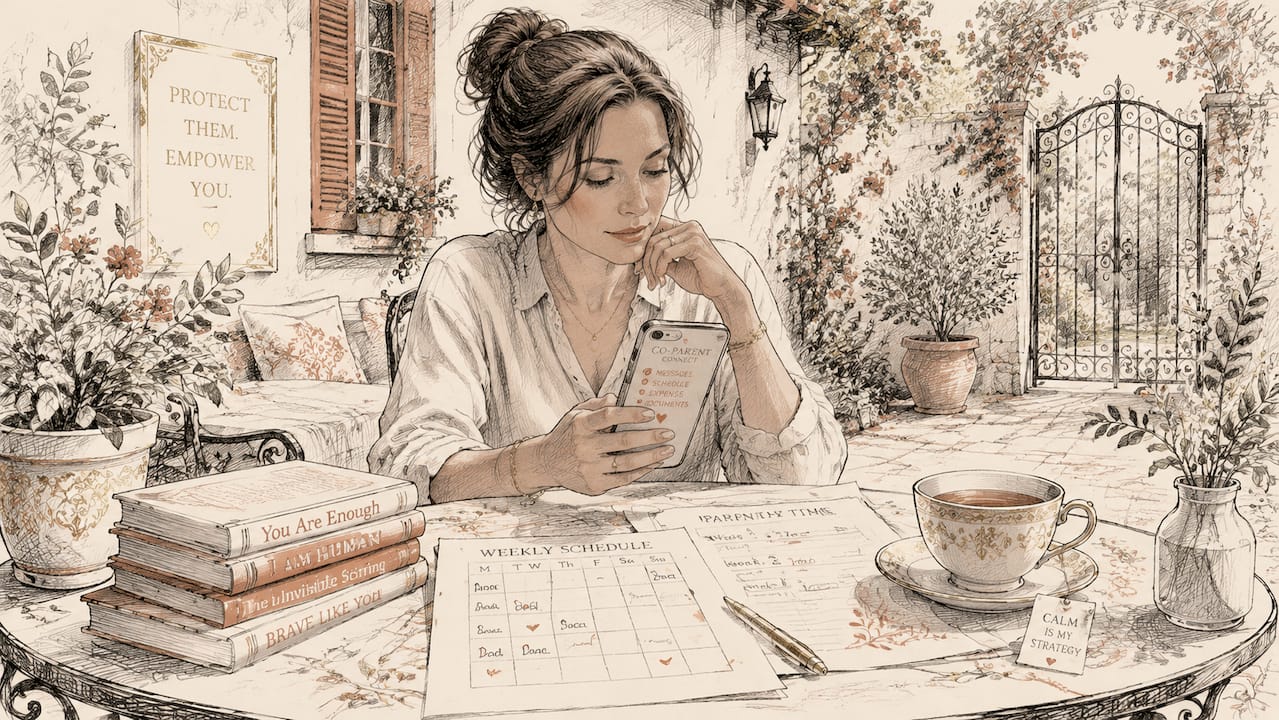 Woman reviewing co-parenting communication app at kitchen table