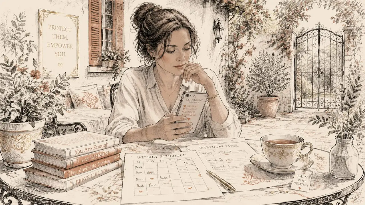 Woman reviewing co-parenting communication app at kitchen table